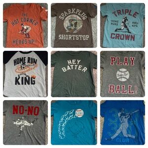 Lot of nine kids boys Peek baseball themed t-shirts.  All size small / 4/5